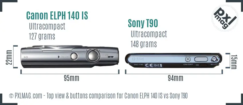 Canon ELPH 140 IS vs Sony T90 top view buttons comparison
