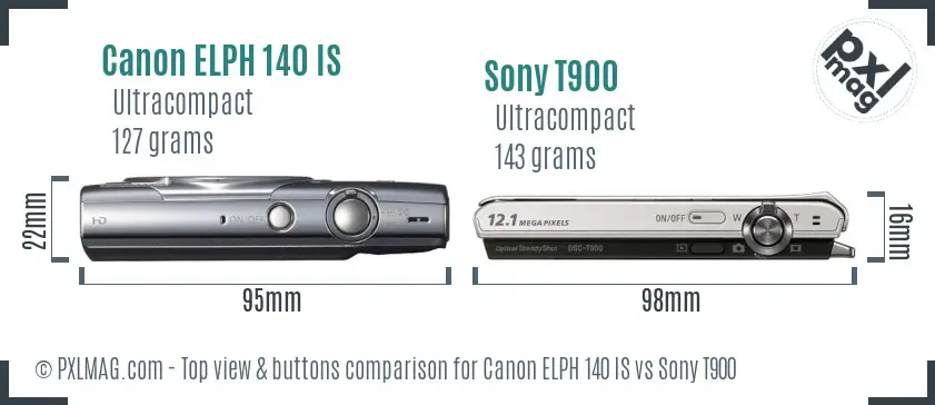 Canon ELPH 140 IS vs Sony T900 top view buttons comparison