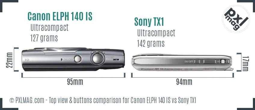 Canon ELPH 140 IS vs Sony TX1 top view buttons comparison