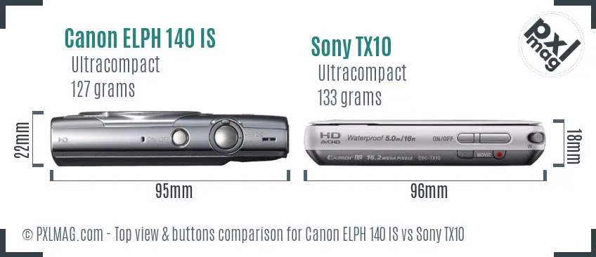 Canon ELPH 140 IS vs Sony TX10 top view buttons comparison