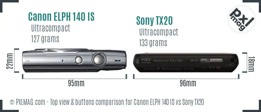 Canon ELPH 140 IS vs Sony TX20 top view buttons comparison