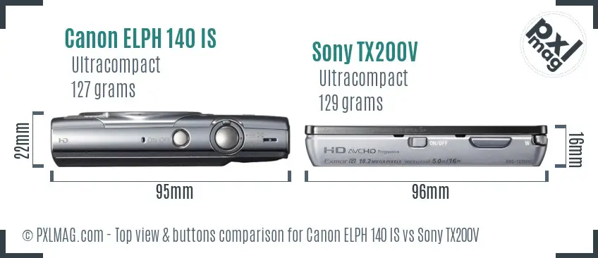 Canon ELPH 140 IS vs Sony TX200V top view buttons comparison