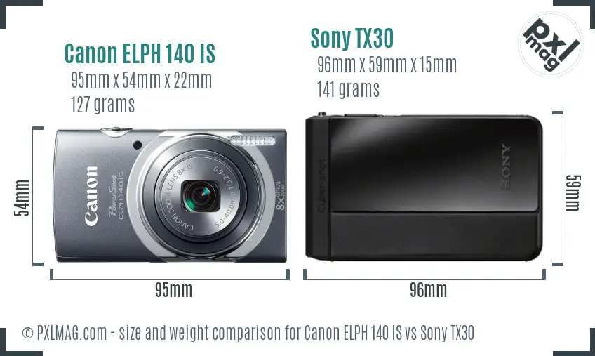 Canon ELPH 140 IS vs Sony TX30 size comparison