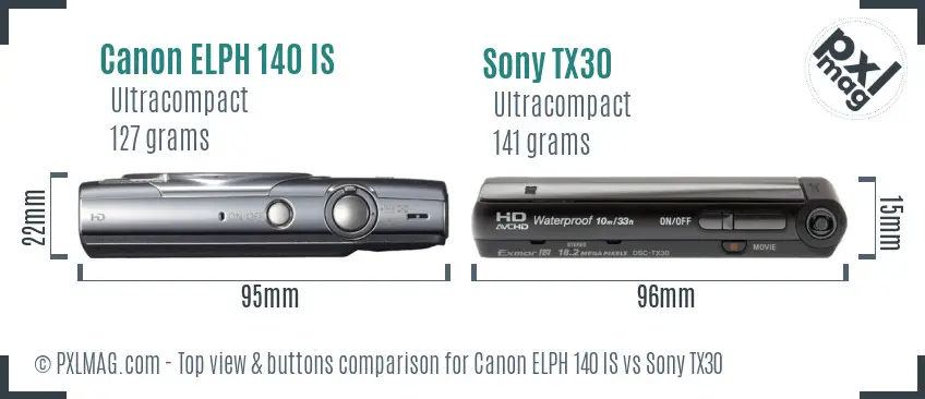 Canon ELPH 140 IS vs Sony TX30 top view buttons comparison