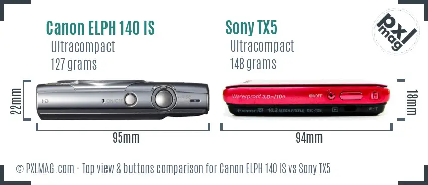 Canon ELPH 140 IS vs Sony TX5 top view buttons comparison