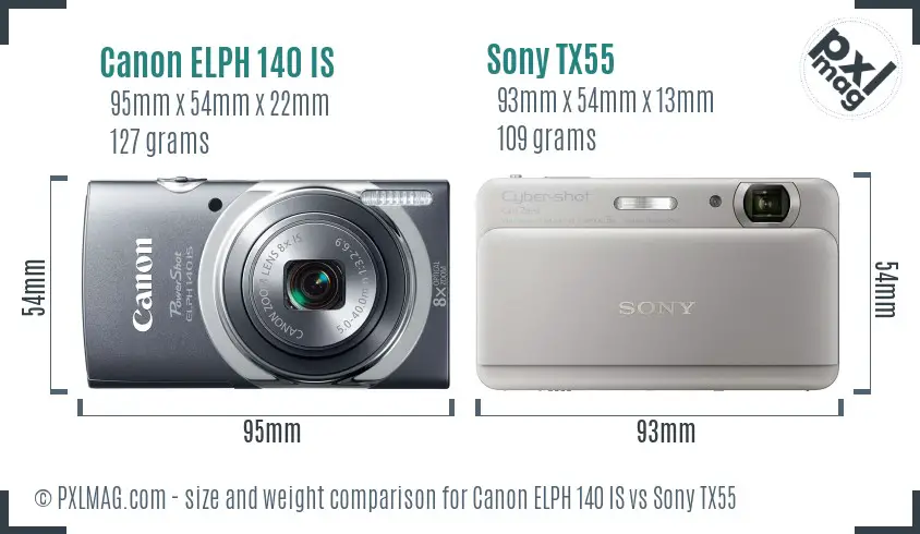 Canon ELPH 140 IS vs Sony TX55 size comparison
