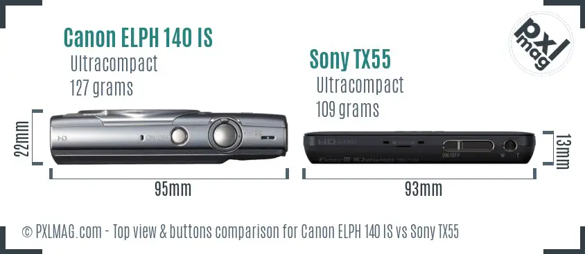 Canon ELPH 140 IS vs Sony TX55 top view buttons comparison