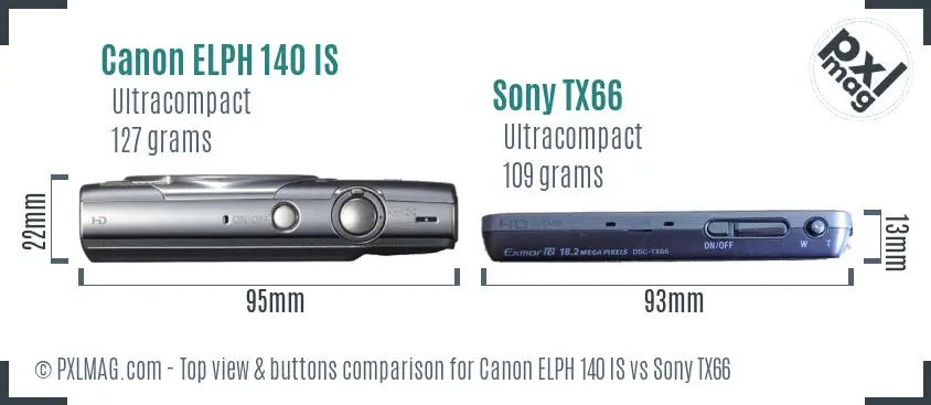 Canon ELPH 140 IS vs Sony TX66 top view buttons comparison