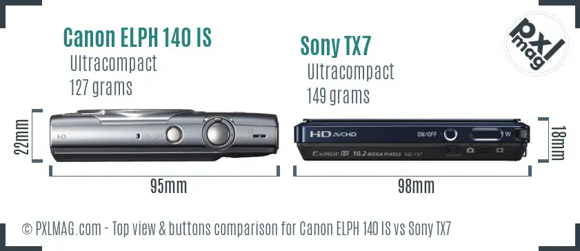Canon ELPH 140 IS vs Sony TX7 top view buttons comparison Canon ELPH 140 IS vs Sony TX7 top view buttons comparison