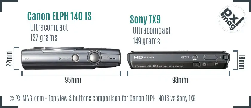 Canon ELPH 140 IS vs Sony TX9 top view buttons comparison