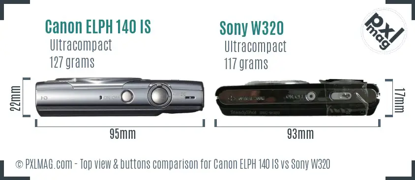 Canon ELPH 140 IS vs Sony W320 top view buttons comparison