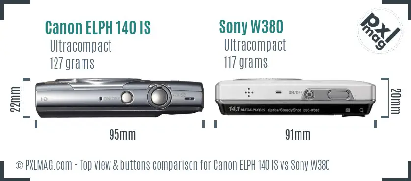 Canon ELPH 140 IS vs Sony W380 top view buttons comparison