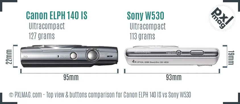 Canon ELPH 140 IS vs Sony W530 top view buttons comparison