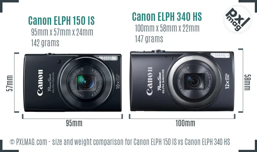 Canon ELPH 150 IS vs Canon ELPH 340 HS size comparison