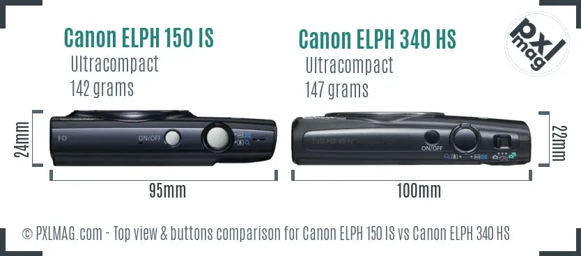 Canon ELPH 150 IS vs Canon ELPH 340 HS top view buttons comparison