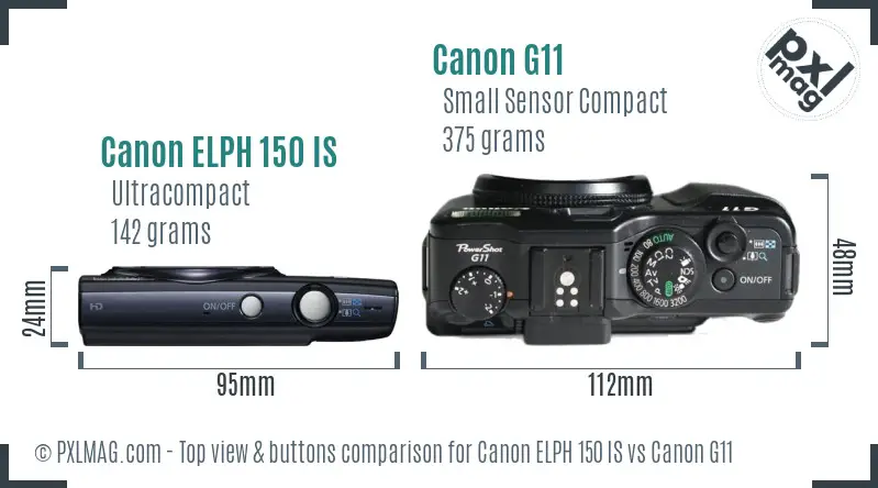 Canon ELPH 150 IS vs Canon G11 top view buttons comparison