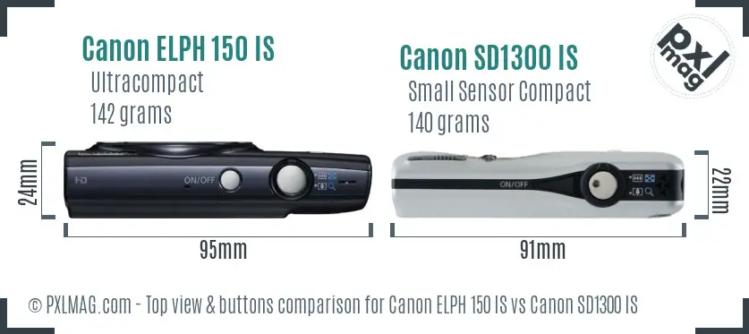 Canon ELPH 150 IS vs Canon SD1300 IS top view buttons comparison