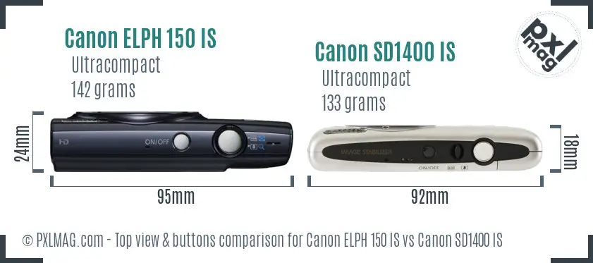 Canon ELPH 150 IS vs Canon SD1400 IS top view buttons comparison