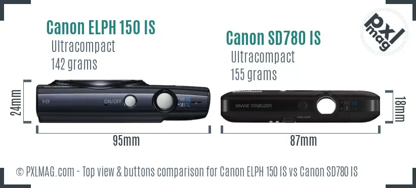 Canon ELPH 150 IS vs Canon SD780 IS top view buttons comparison