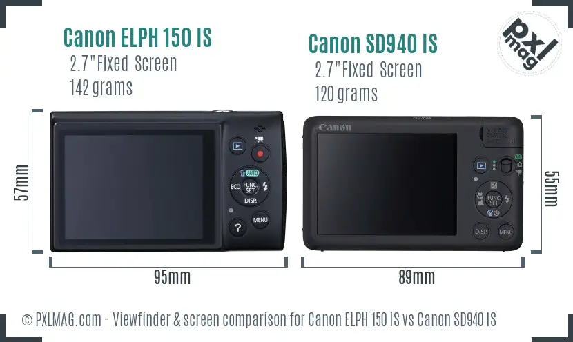 Canon ELPH 150 IS vs Canon SD940 IS Screen and Viewfinder comparison