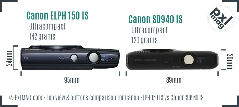 Canon ELPH 150 IS vs Canon SD940 IS top view buttons comparison