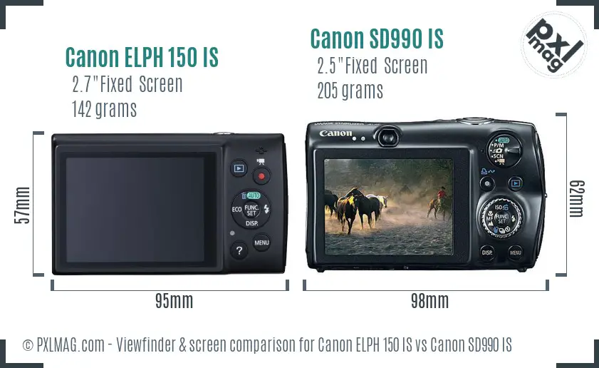 Canon ELPH 150 IS vs Canon SD990 IS Screen and Viewfinder comparison