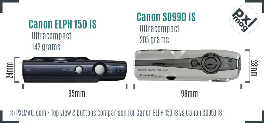 Canon ELPH 150 IS vs Canon SD990 IS top view buttons comparison