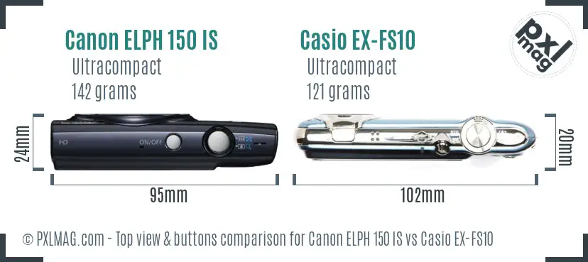 Canon ELPH 150 IS vs Casio EX-FS10 top view buttons comparison