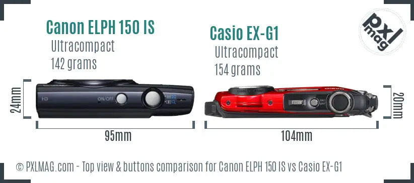 Canon ELPH 150 IS vs Casio EX-G1 top view buttons comparison