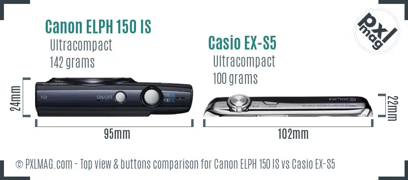 Canon ELPH 150 IS vs Casio EX-S5 top view buttons comparison