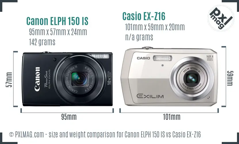 Canon ELPH 150 IS vs Casio EX-Z16 size comparison