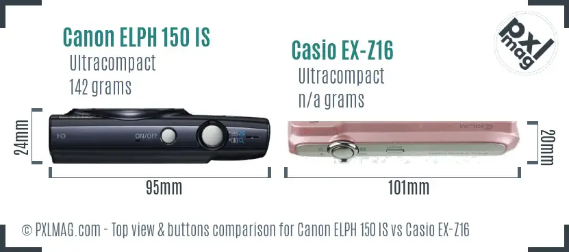 Canon ELPH 150 IS vs Casio EX-Z16 top view buttons comparison