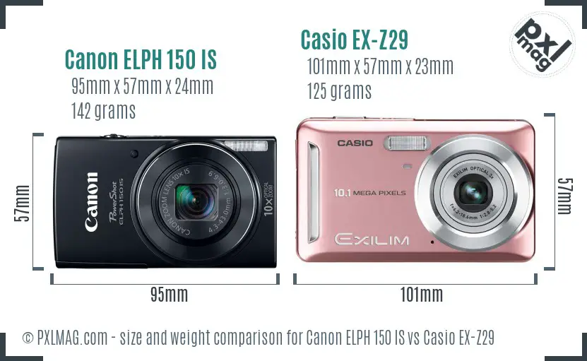 Canon ELPH 150 IS vs Casio EX-Z29 size comparison