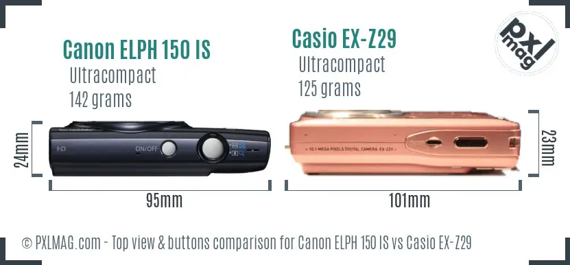 Canon ELPH 150 IS vs Casio EX-Z29 top view buttons comparison