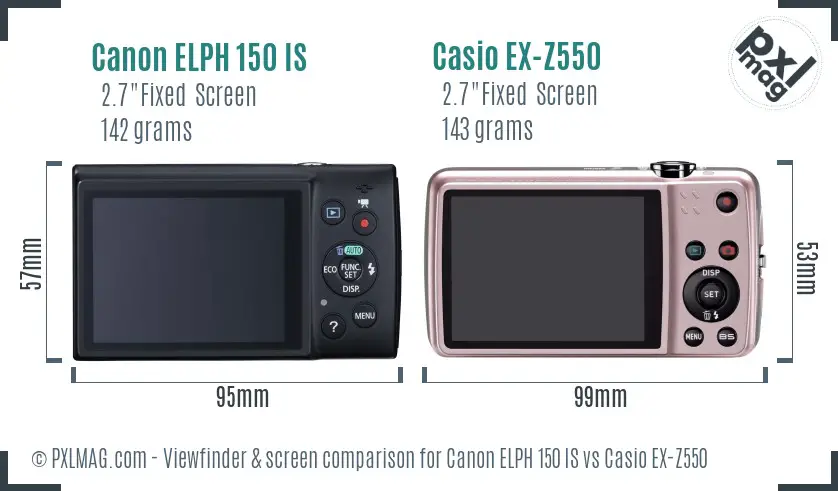 Canon ELPH 150 IS vs Casio EX-Z550 Screen and Viewfinder comparison