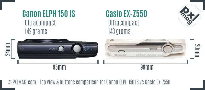 Canon ELPH 150 IS vs Casio EX-Z550 top view buttons comparison