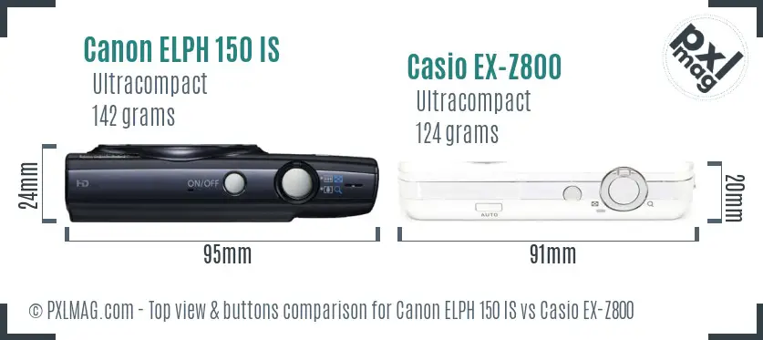 Canon ELPH 150 IS vs Casio EX-Z800 top view buttons comparison