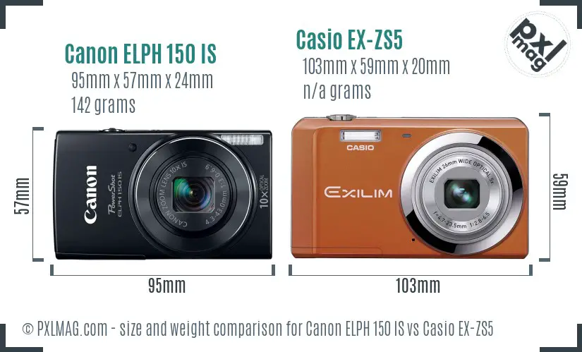Canon ELPH 150 IS vs Casio EX-ZS5 size comparison