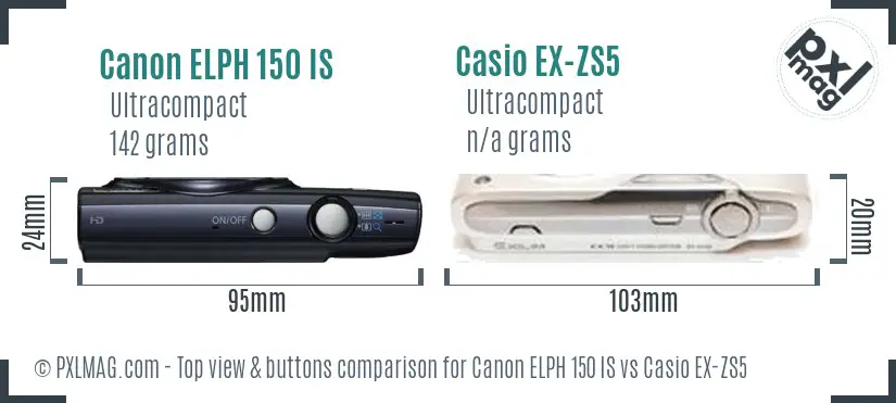 Canon ELPH 150 IS vs Casio EX-ZS5 top view buttons comparison
