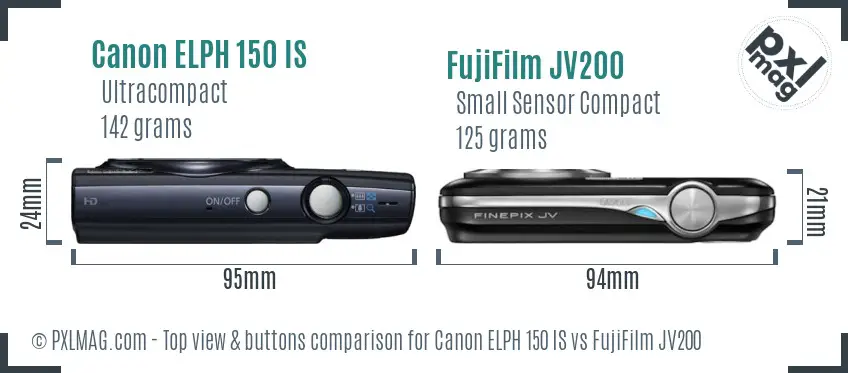 Canon ELPH 150 IS vs FujiFilm JV200 top view buttons comparison