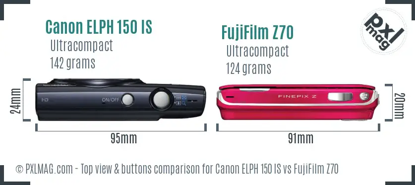 Canon ELPH 150 IS vs FujiFilm Z70 top view buttons comparison