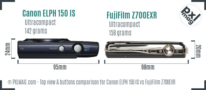 Canon ELPH 150 IS vs FujiFilm Z700EXR top view buttons comparison