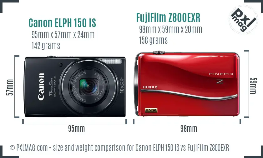 Canon ELPH 150 IS vs FujiFilm Z800EXR size comparison