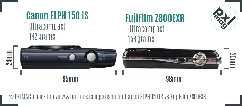Canon ELPH 150 IS vs FujiFilm Z800EXR top view buttons comparison