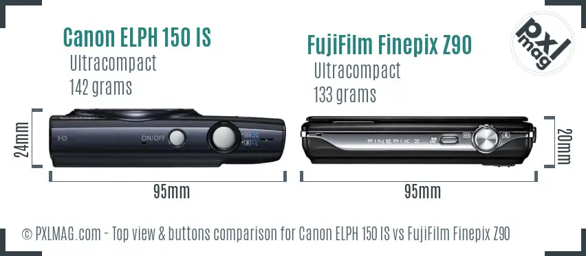 Canon ELPH 150 IS vs FujiFilm Finepix Z90 top view buttons comparison