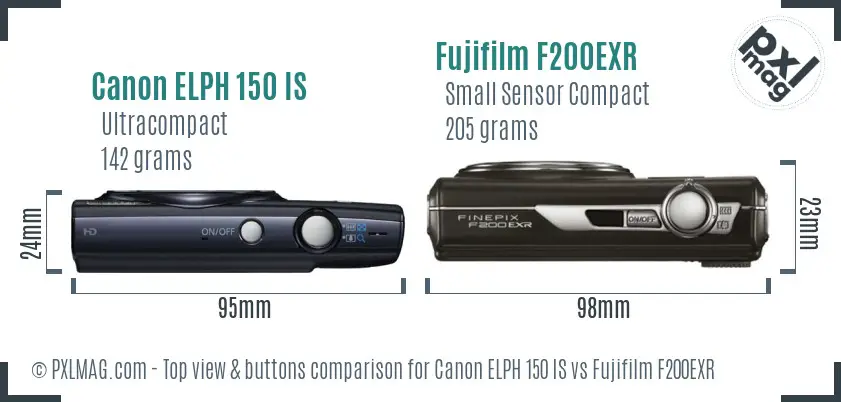 Canon ELPH 150 IS vs Fujifilm F200EXR top view buttons comparison