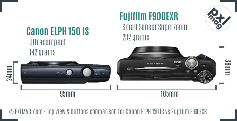 Canon ELPH 150 IS vs Fujifilm F900EXR top view buttons comparison