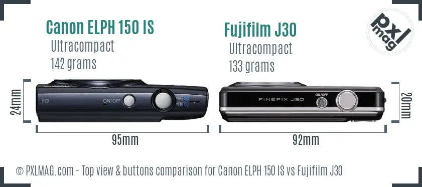 Canon ELPH 150 IS vs Fujifilm J30 top view buttons comparison