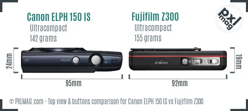 Canon ELPH 150 IS vs Fujifilm Z300 top view buttons comparison