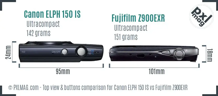 Canon ELPH 150 IS vs Fujifilm Z900EXR top view buttons comparison Canon ELPH 150 IS vs Fujifilm Z900EXR top view buttons comparison